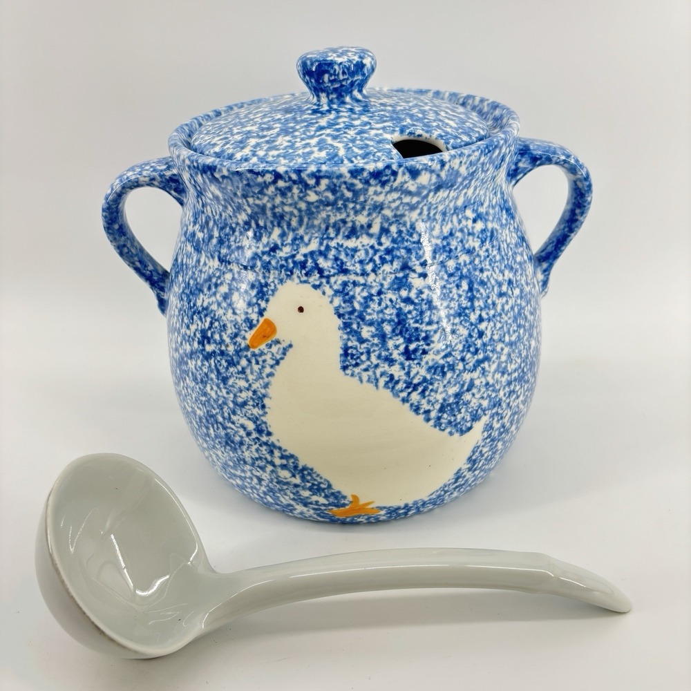 N.S. Gustin Ceramic Goose Jar Ladle Blue Spongeware Stipple Duck Cottagecore